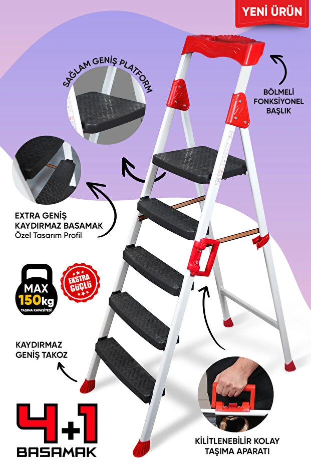 Zigana Elegance Geniş Basamaklı Kolay Taşıma Aparatlı Merdiven Kaliteli Paslanmaz Katlanır - 4+1