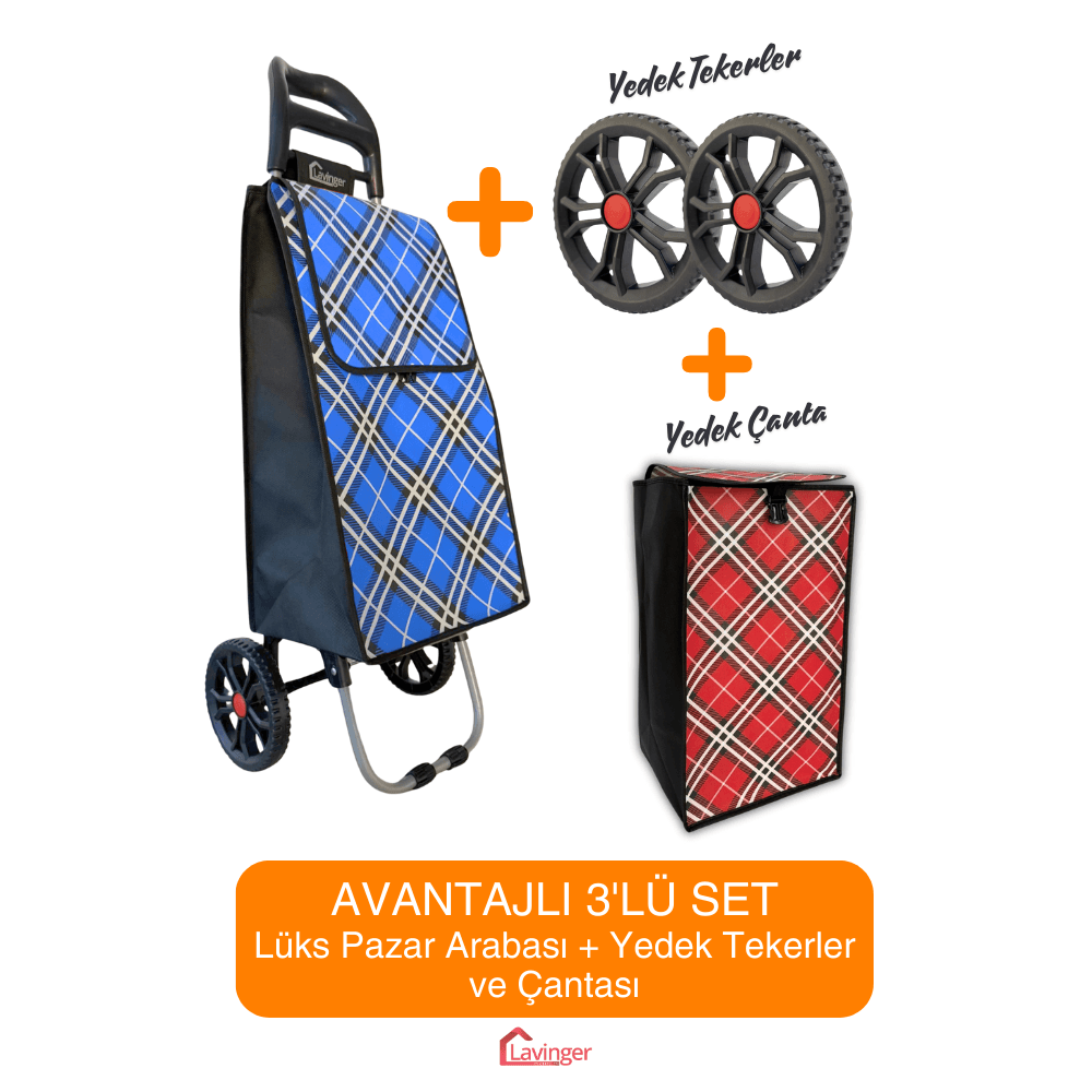 Pazar Arabası Plus Avantajlı 3' lü SET Pazar Arabası + Yedek Tekeri + Yedek Çantası. - Mavi Set