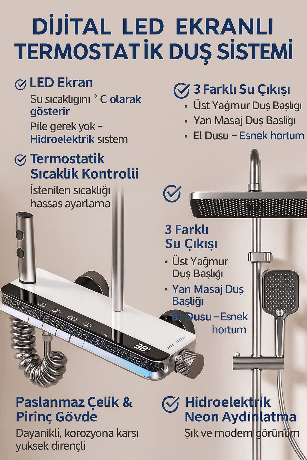 Akıllı LED Ekranlı Termostatik Duş Sistemi – 5 Fonksiyonlu Premium Tasarım - Robot IŞIKLI BEYAZ