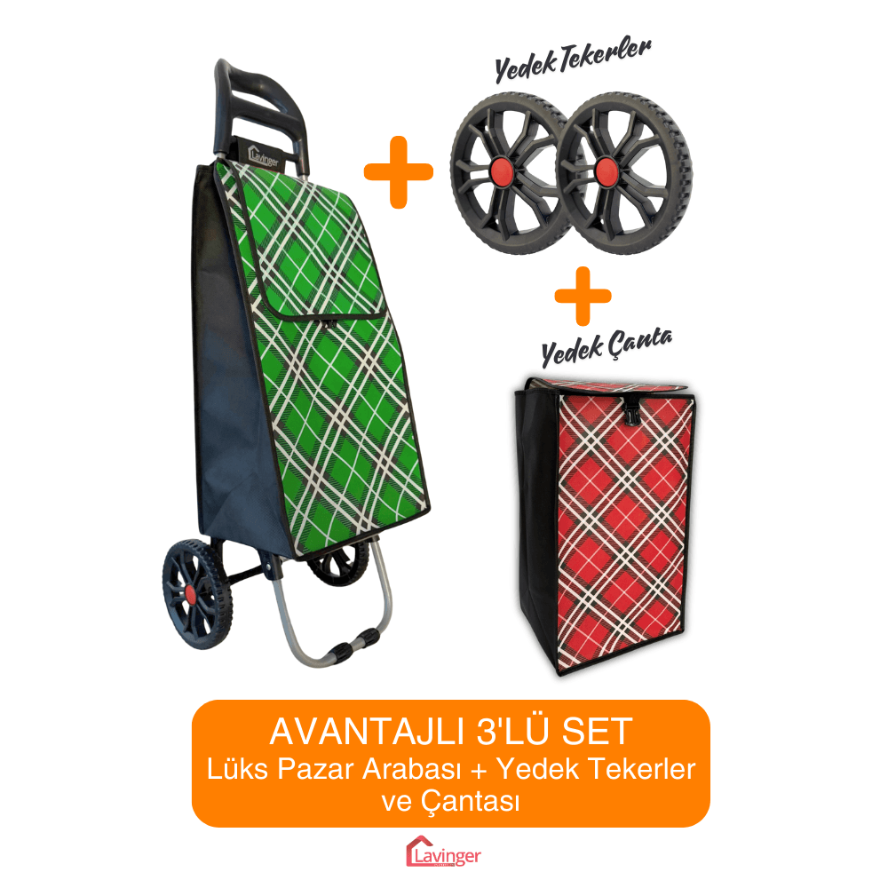 Pazar Arabası Plus Avantajlı 3' lü SET Pazar Arabası + Yedek Tekeri + Yedek Çantası. - Yeşil Set
