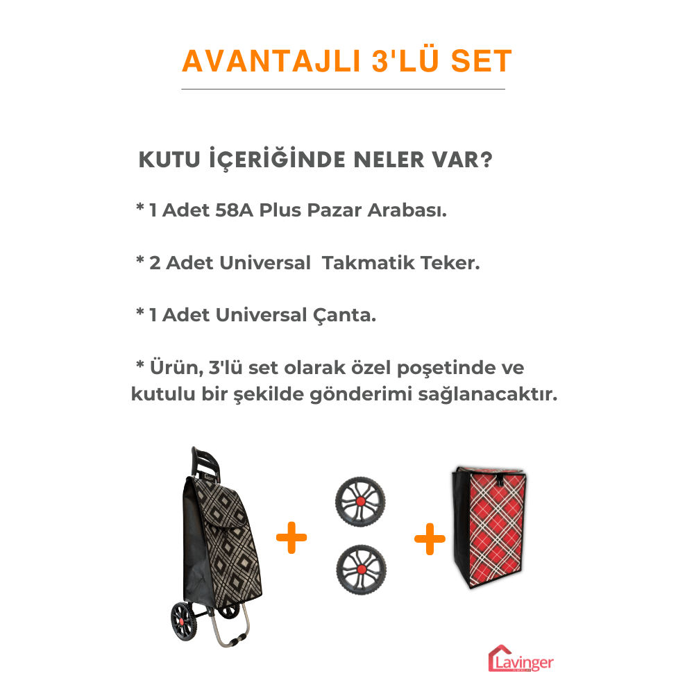 Pazar Arabası Plus Avantajlı 3' lü SET Pazar Arabası + Yedek Tekeri + Yedek Çantası.