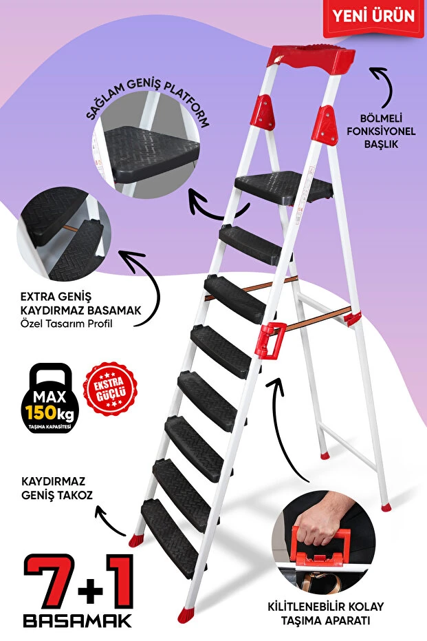 Zigana Elegance Geniş Basamaklı Kolay Taşıma Aparatlı Merdiven Kaliteli Paslanmaz Katlanır - 7+1