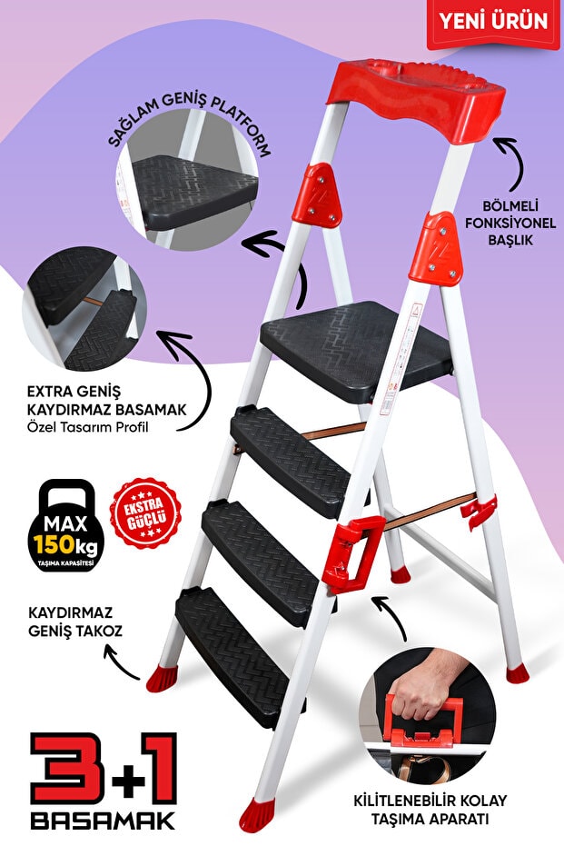 Zigana Elegance Geniş Basamaklı Kolay Taşıma Aparatlı Merdiven Kaliteli Paslanmaz Katlanır - 3+1