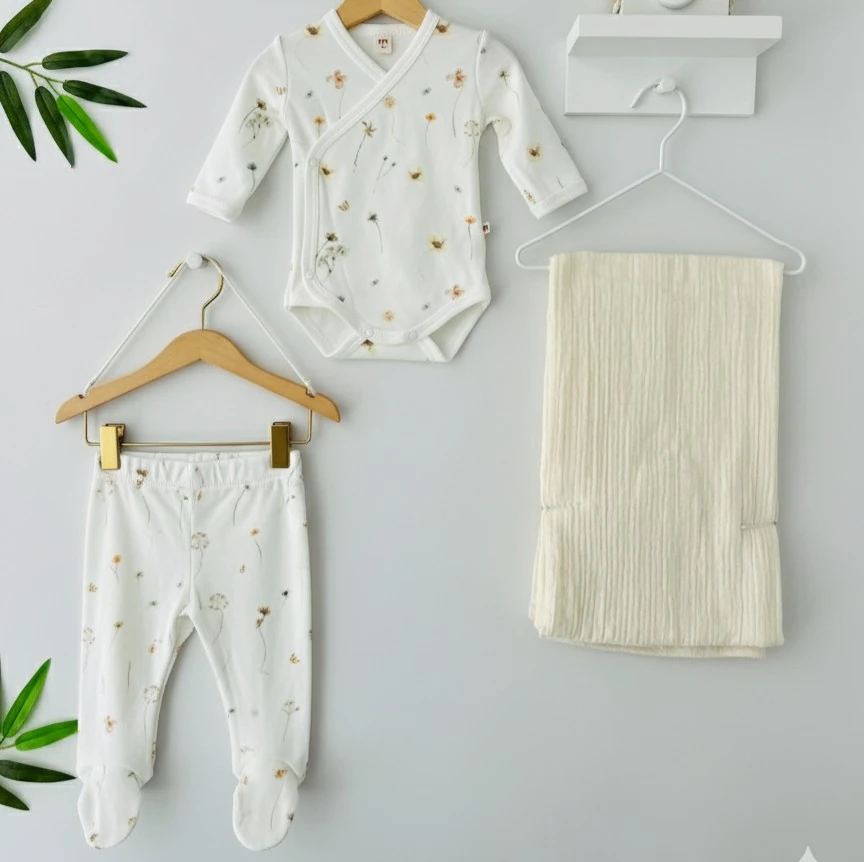 Çiçek Desenli 3'lü Hastane Çıkış Seti | Yenidoğan & Bebek Giyim