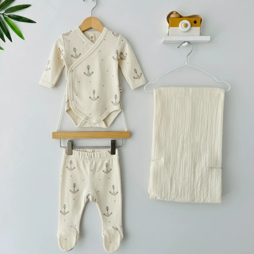 Çapa Desenli 3'lü Hastane Çıkış Seti | Yenidoğan & Bebek Giyim