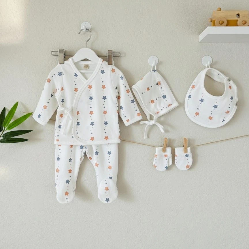 Yıldız Desenli 5'li Set | Erkek Bebek Alt Üst Takım |  Yenidoğan & Bebek Giyim