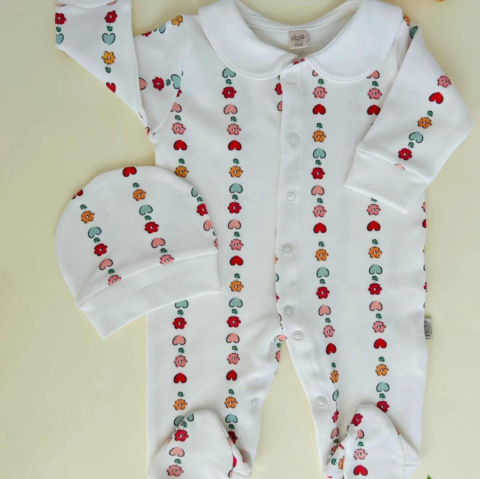 Kalp - Çiçek Desenli 2'li Tulum Set |Kız Bebek Tulum | Yenidoğan & Bebek Giyim