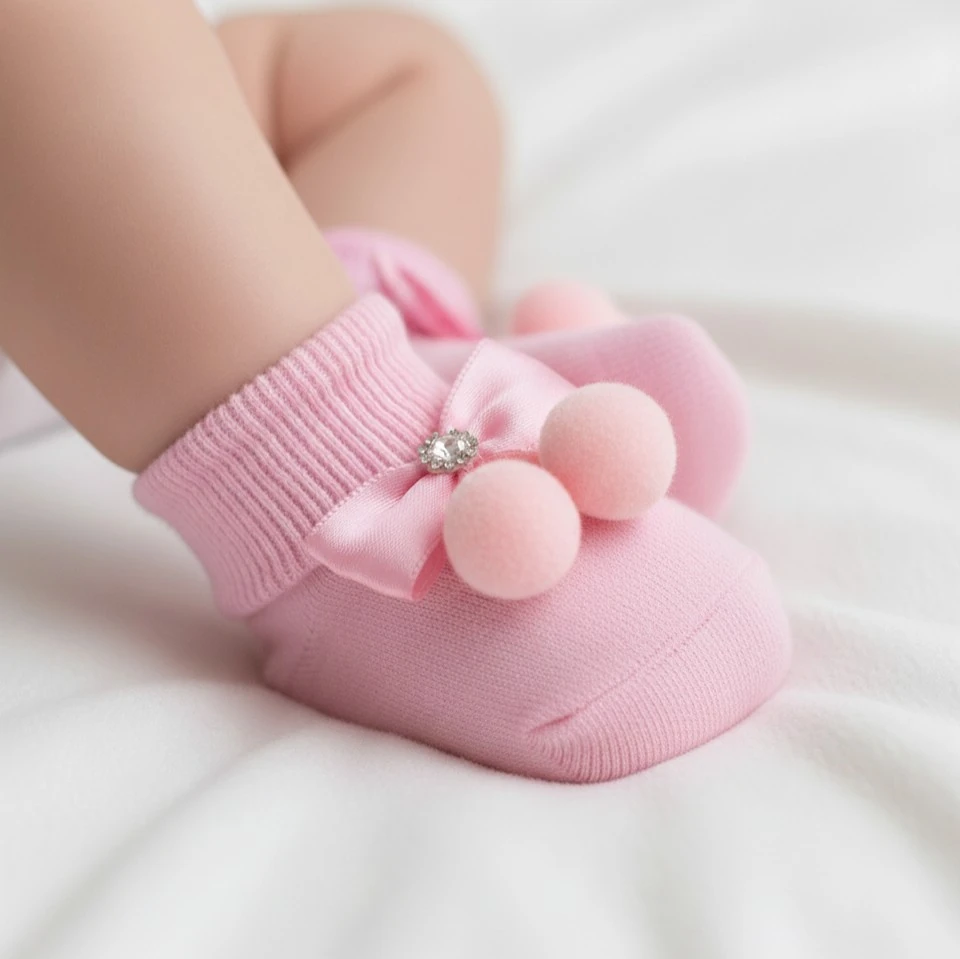 Ponpon & Fiyonk Detaylı Çorap| Yenidoğan & Bebek Giyim - Pembe