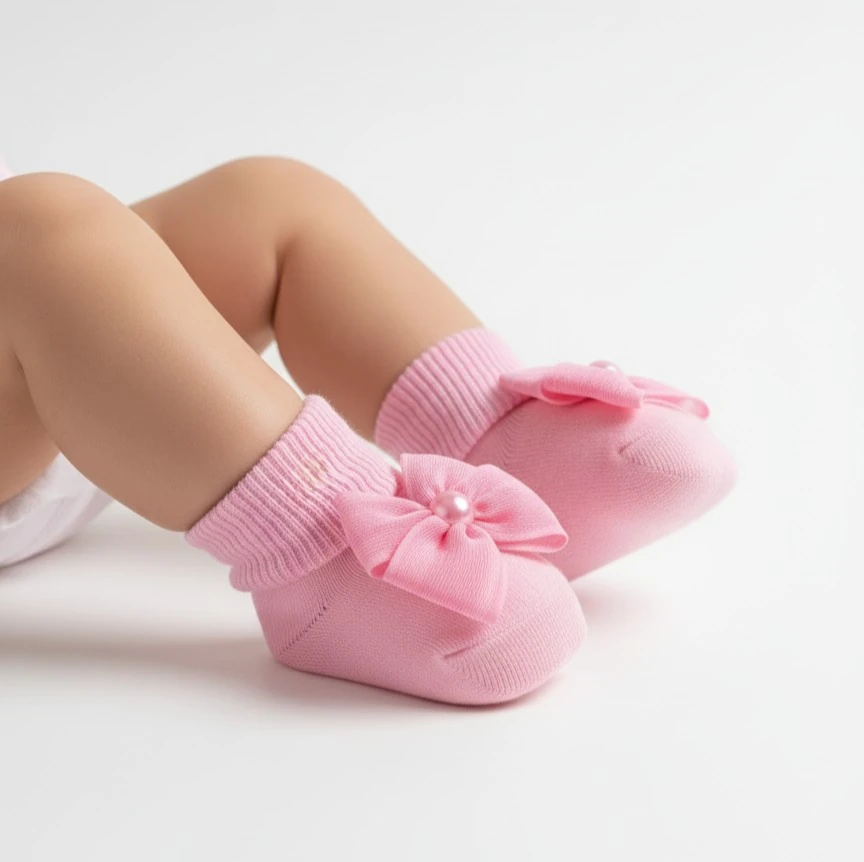 İnci & Fiyonk Detaylı Çorap| Yenidoğan & Bebek Giyim - Pembe