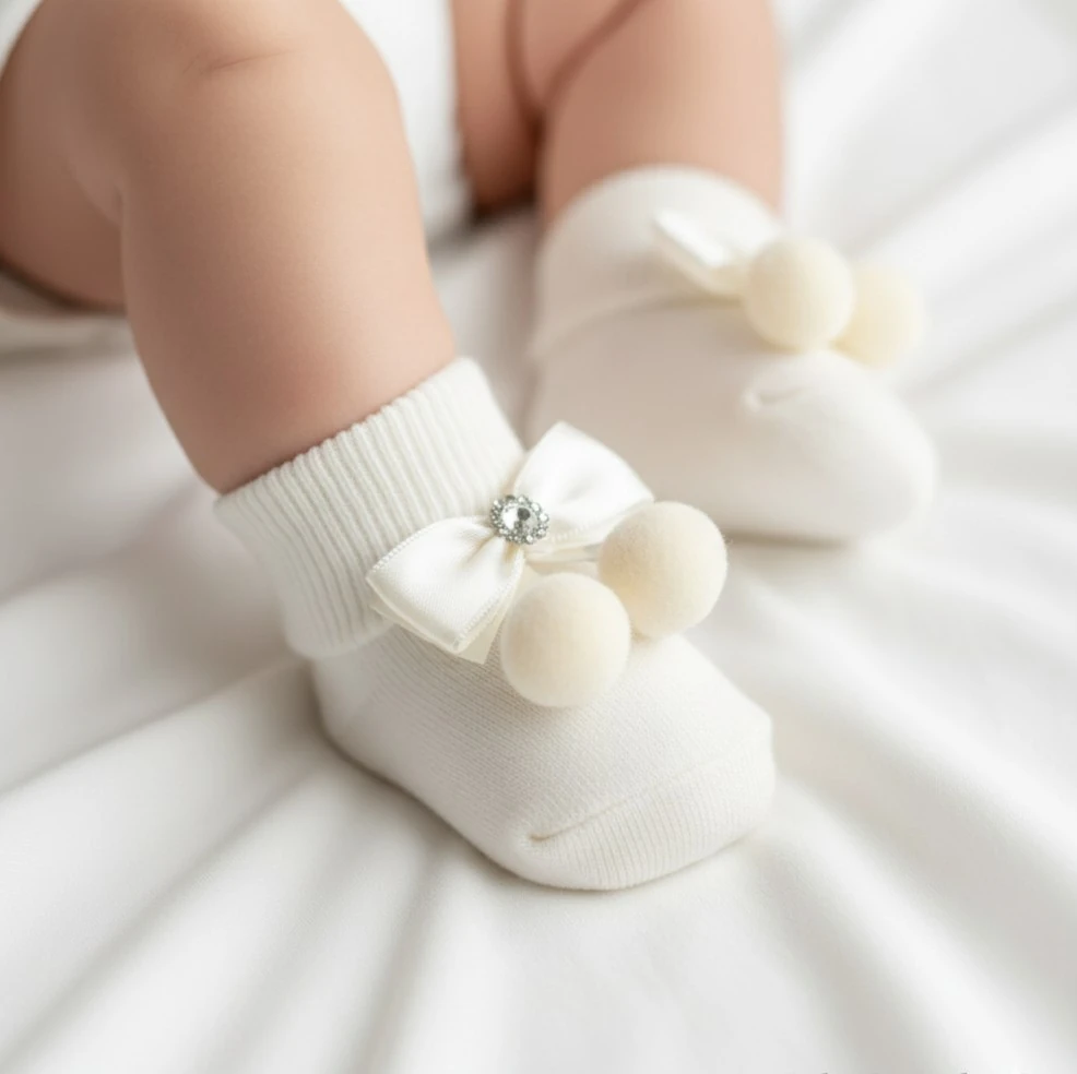 Ponpon & Fiyonk Detaylı Çorap| Yenidoğan & Bebek Giyim - Beyaz