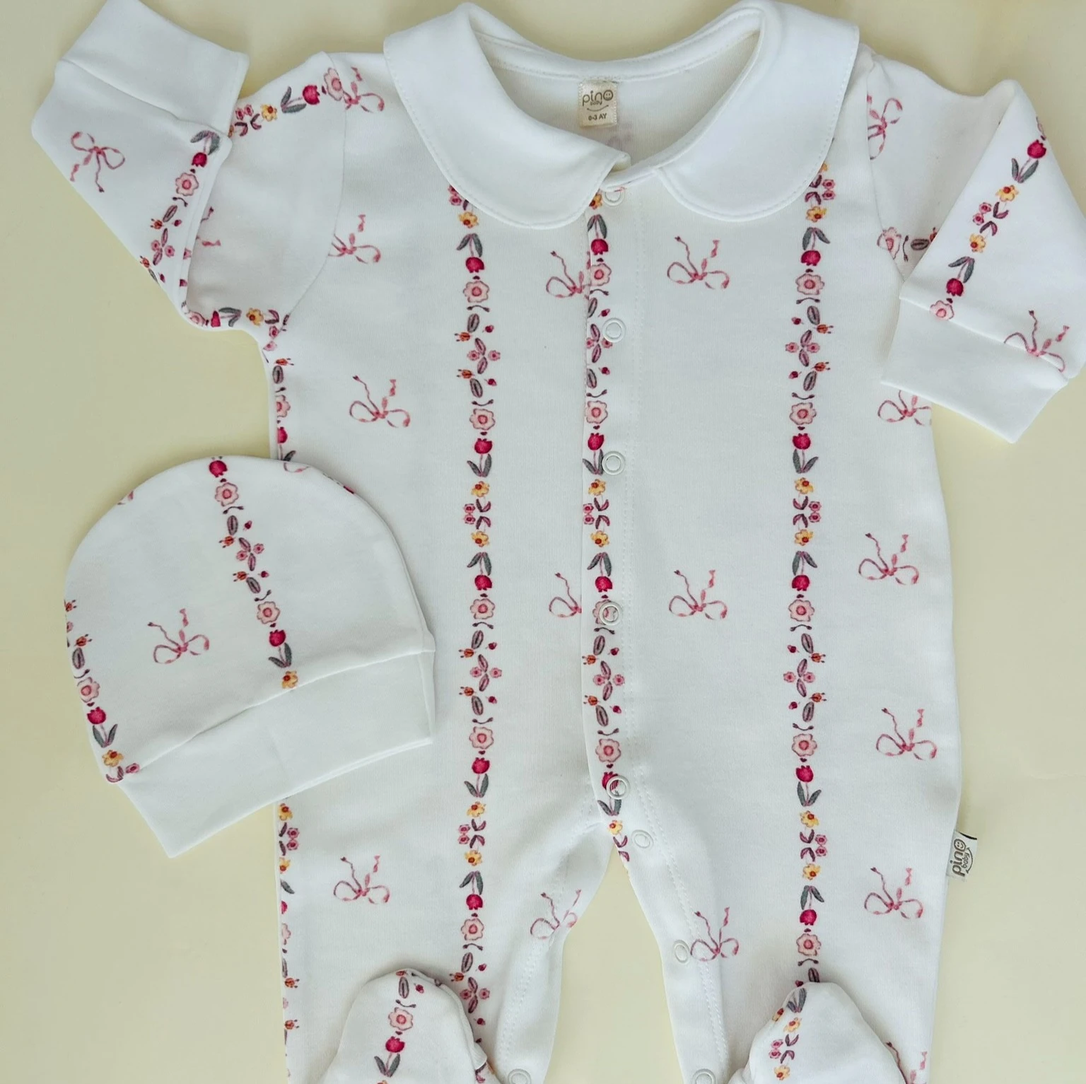 Çiçek - Fiyonk Desenli 2'li Tulum Set | Kız Bebek Tulum | Yenidoğan & Bebek Giyim