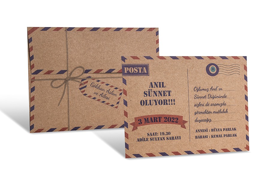 Retro Posta Temalı Kraft Sünnet Davetiyesi ES80953