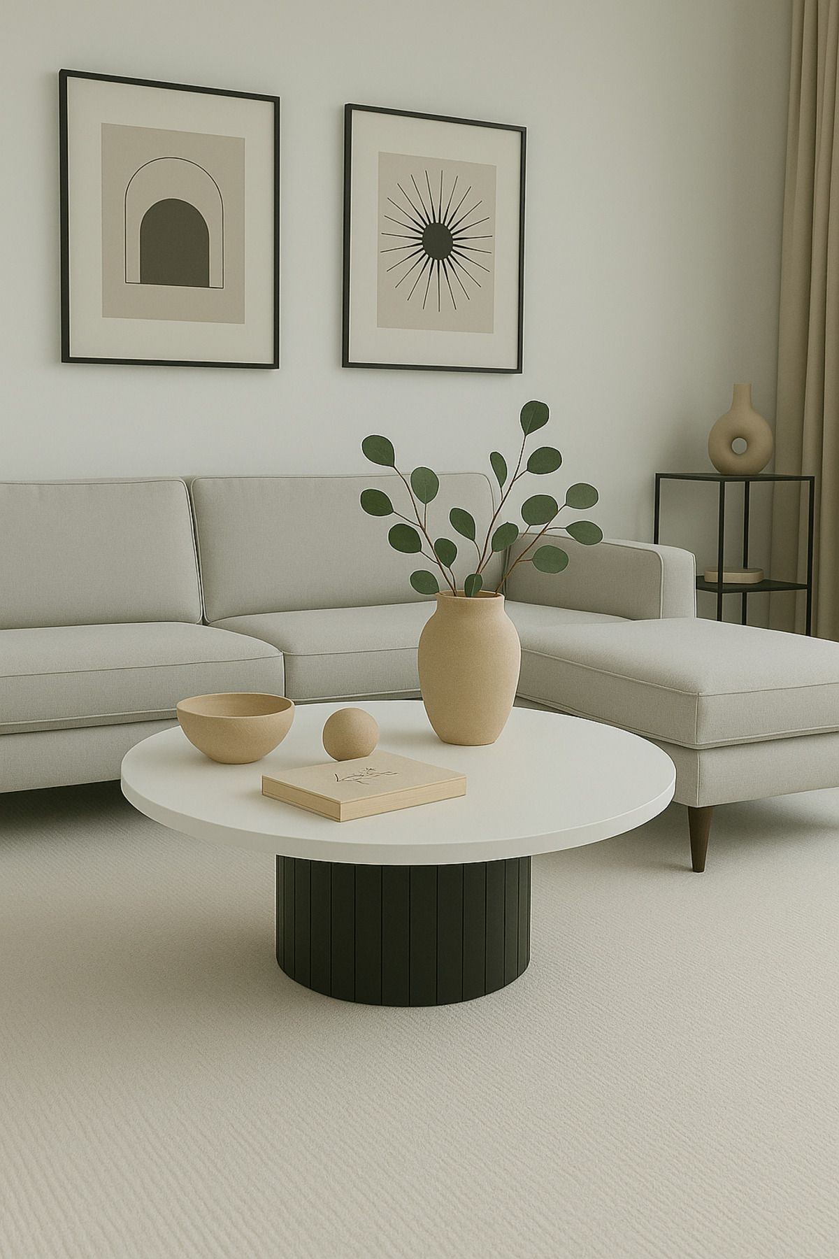Modern Kalın Kenarlı (36 mm kalınlıklı) Yuvarlak Orta Sehpa - beyaz-siyah