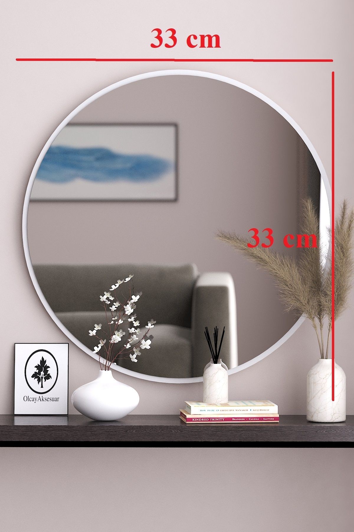 Beyaz Dekoratif 33cm Yuvarlak Ayna Antre Hol Koridor Duvar Aynası Salon Mutfak Banyo Wc Ofis Aynası