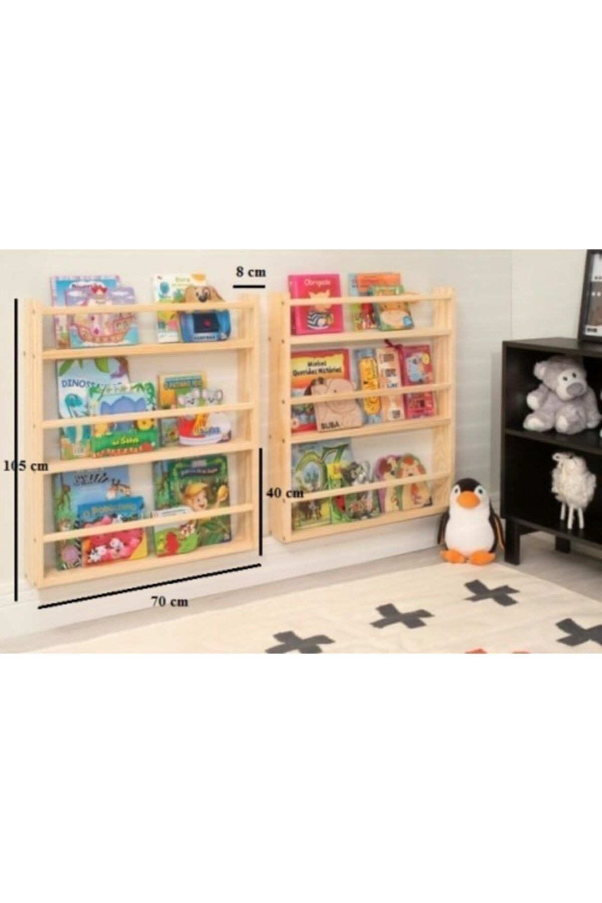 Doğal Ahşap Renk Montessori Kitaplık Çocuk Bebek Odası Duvar Rafı Ahşap Kitaplık Raf 1 Adet 105 Cm
