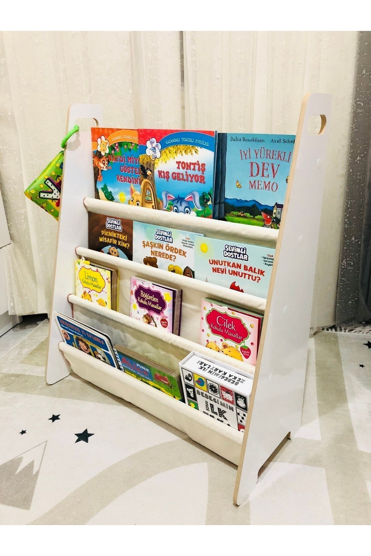 Montessori Çocuk Bebek Odası Taşınabilir Eğitici 4 Raflı Bez Kumaş Kitaplık