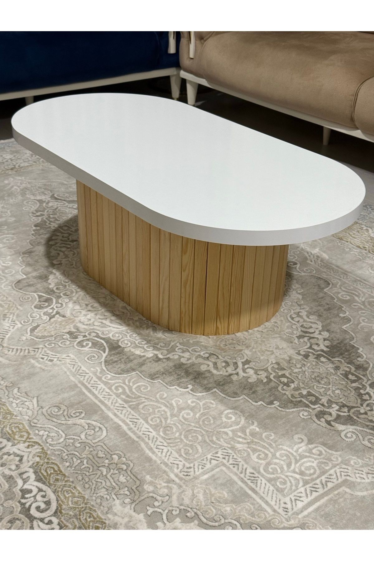 Oval Model 120x60 cm Doğal Ayak Kalın Kenarlı Orta Sehpa Ahşap Ayaklı