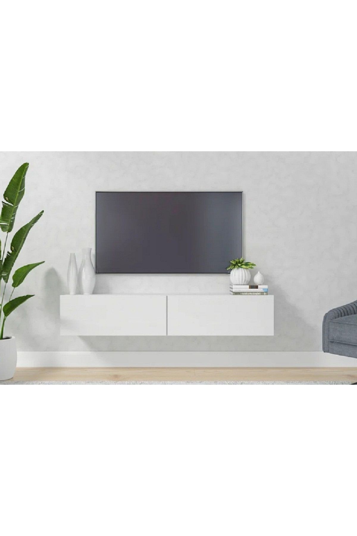 TV Ünitesi 150 cm Tv Sehpası 2 Kapaklı TV Dolabı - beyaz