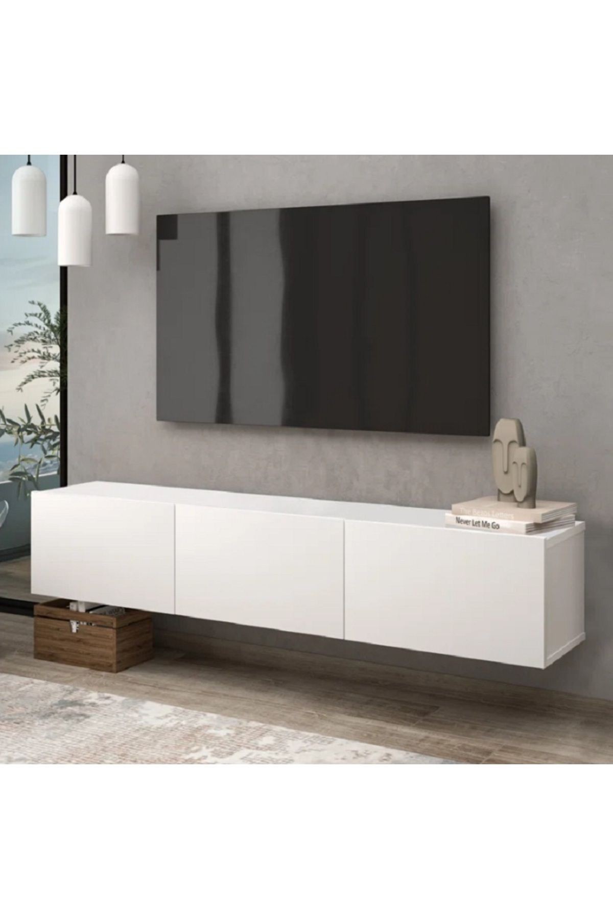 TV Ünitesi 150 cm Tv Sehpası 3 Kapaklı TV Dolabı - beyaz