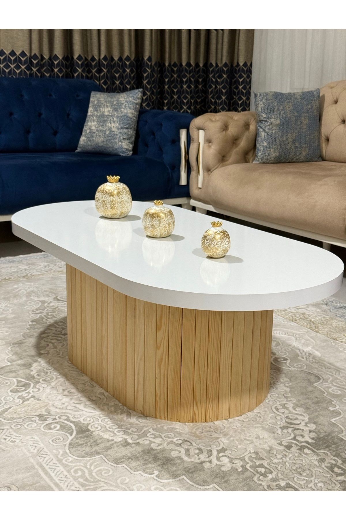 Oval Model 120x60 cm Doğal Ayak Kalın Kenarlı Orta Sehpa Ahşap Ayaklı - doğal