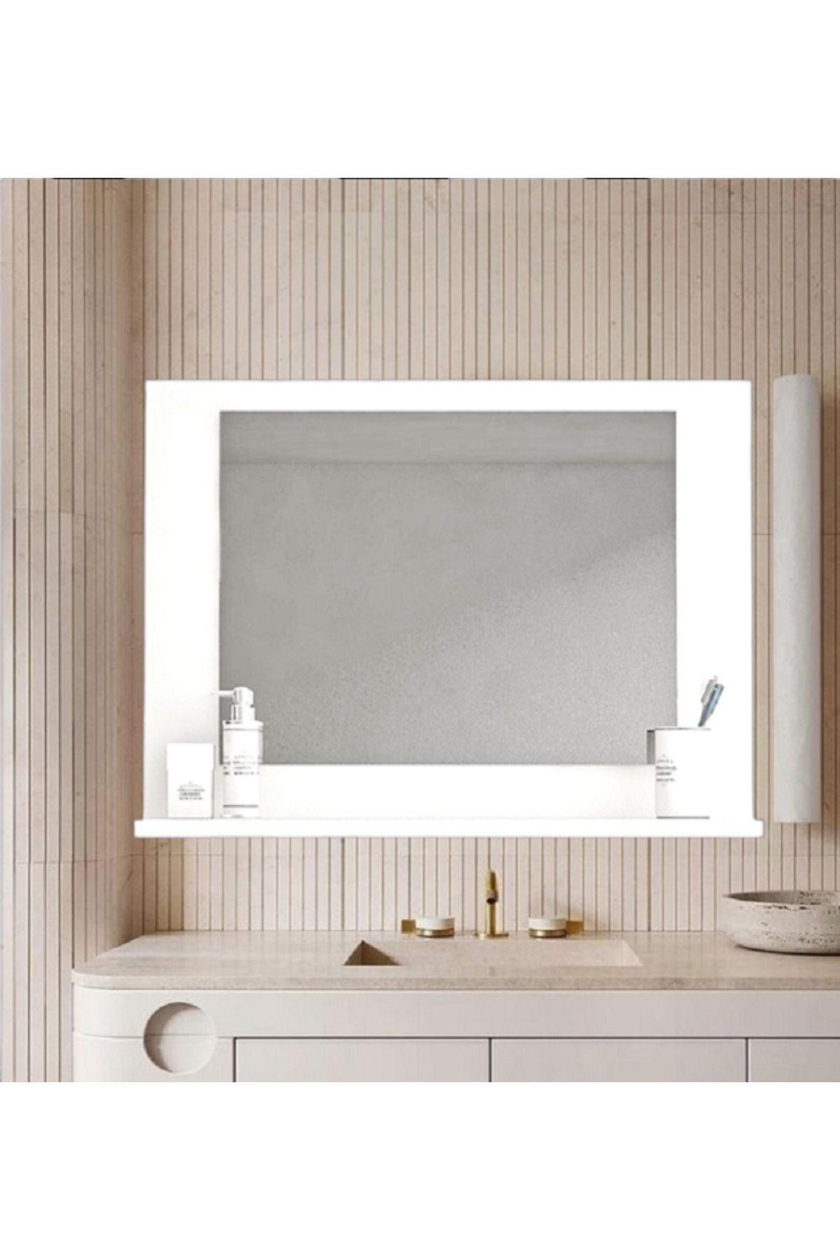 Beyaz Banyo Aynası Lavabo Aynası Dekoratif Ayna 60x45 cm Yatay