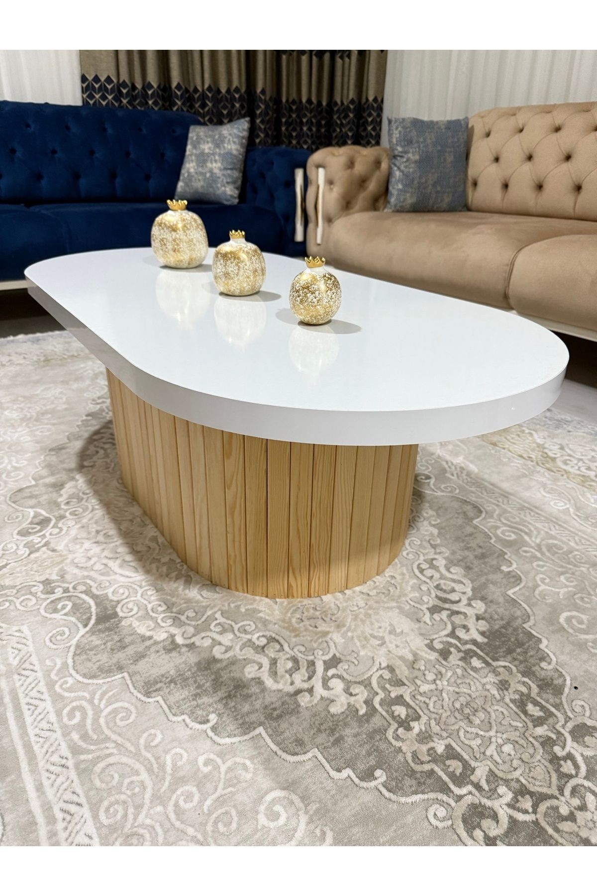 Oval Model 120x60 cm Doğal Ayak Kalın Kenarlı Orta Sehpa Ahşap Ayaklı