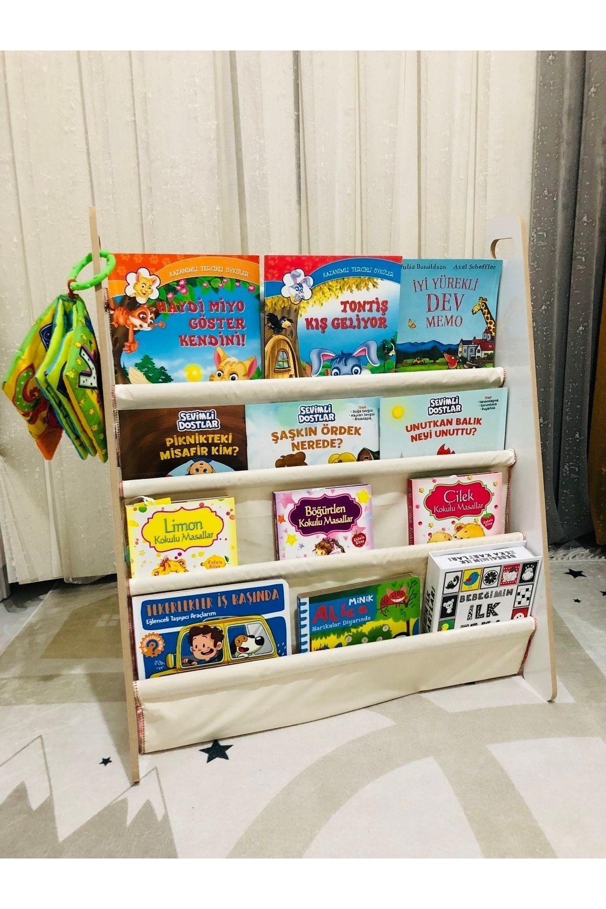 Montessori Çocuk Bebek Odası Taşınabilir Eğitici 4 Raflı Bez Kumaş Kitaplık