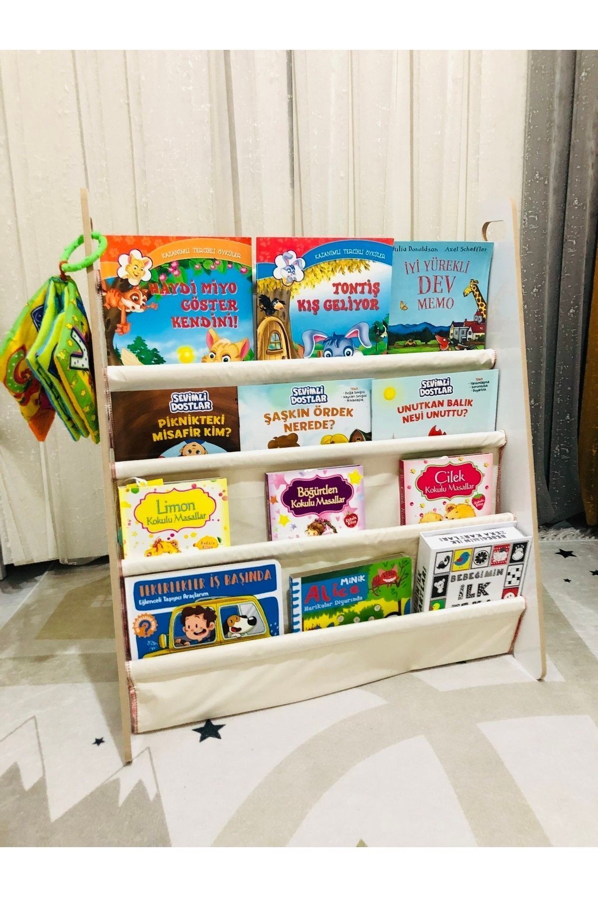 Montessori Çocuk Bebek Odası Taşınabilir Eğitici 4 Raflı Bez Kumaş Kitaplık
