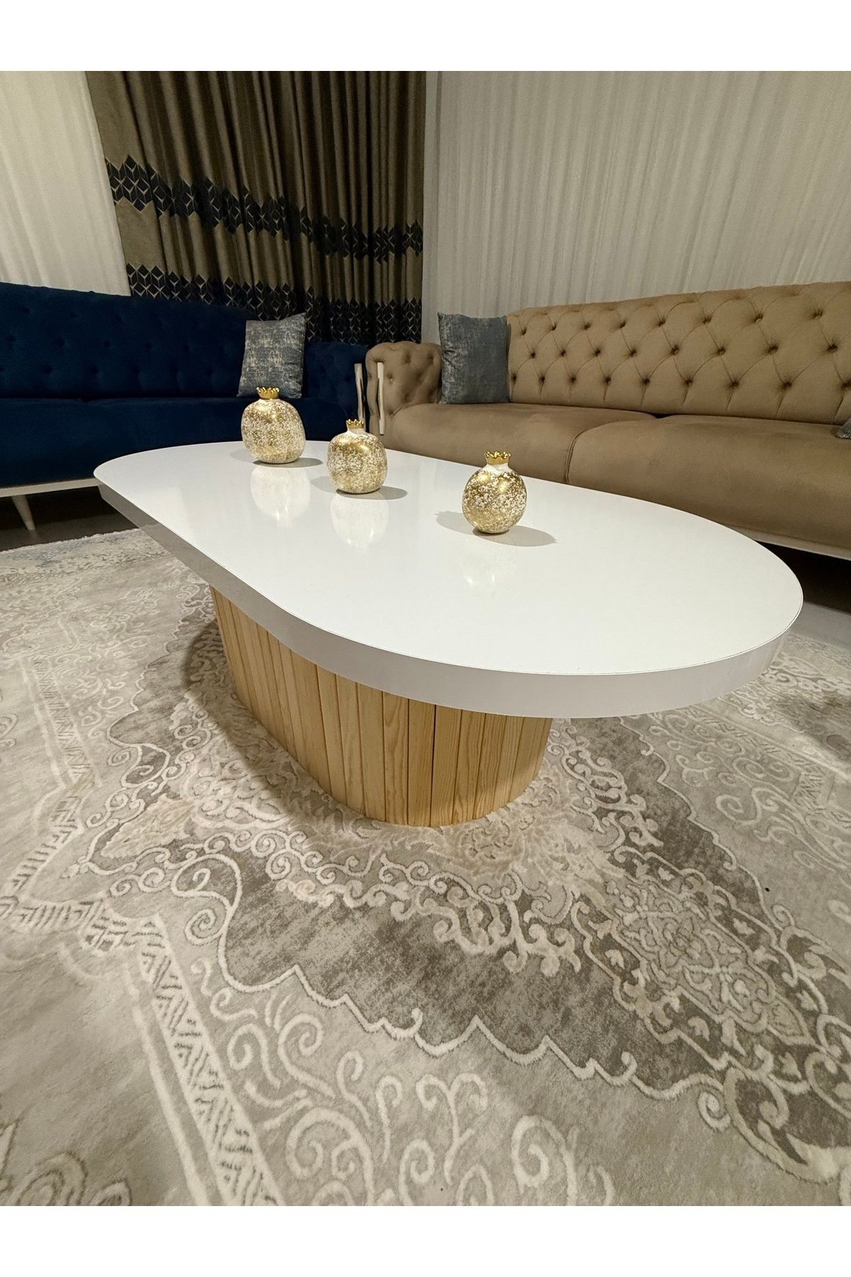 Oval Model 120x60 cm Doğal Ayak Kalın Kenarlı Orta Sehpa Ahşap Ayaklı