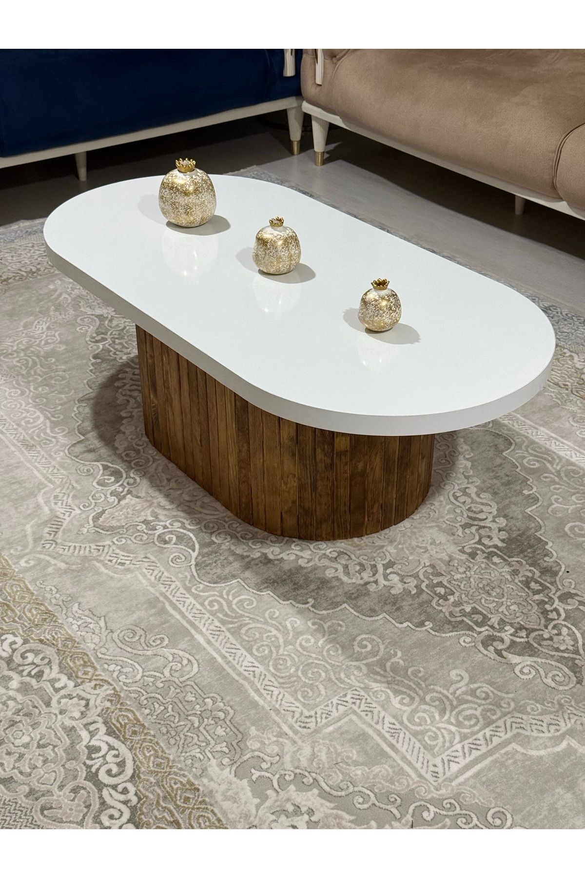 Oval Model 120x60 cm Doğal Ayak Kalın Kenarlı Orta Sehpa Ahşap Ayaklı - kahverengi̇