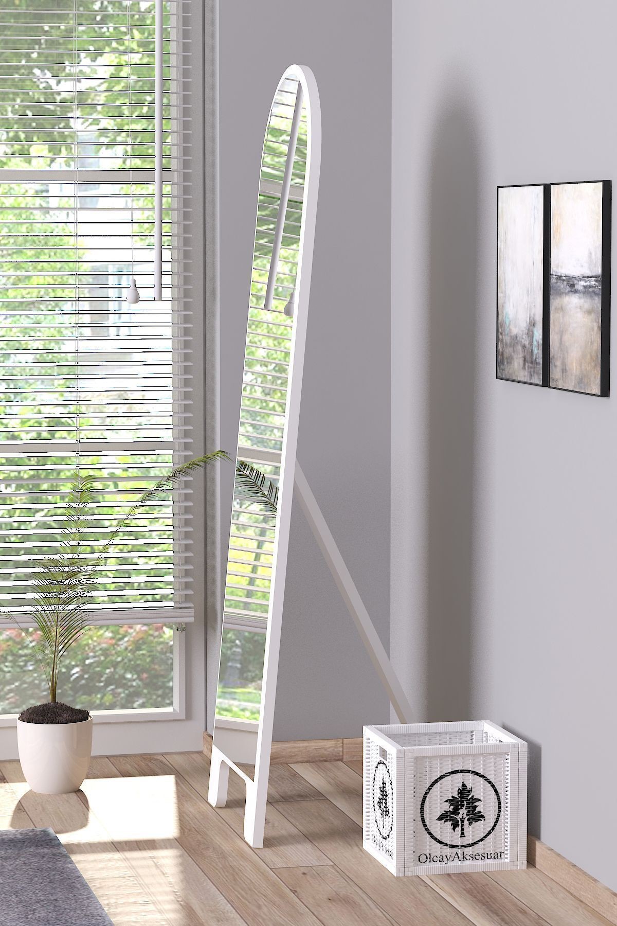 Beyaz 150X43 cm Ayaklı Tek Kubbeli Salon Antre Çocuk Odası Banyo WC Yatak Odası Boy Aynası