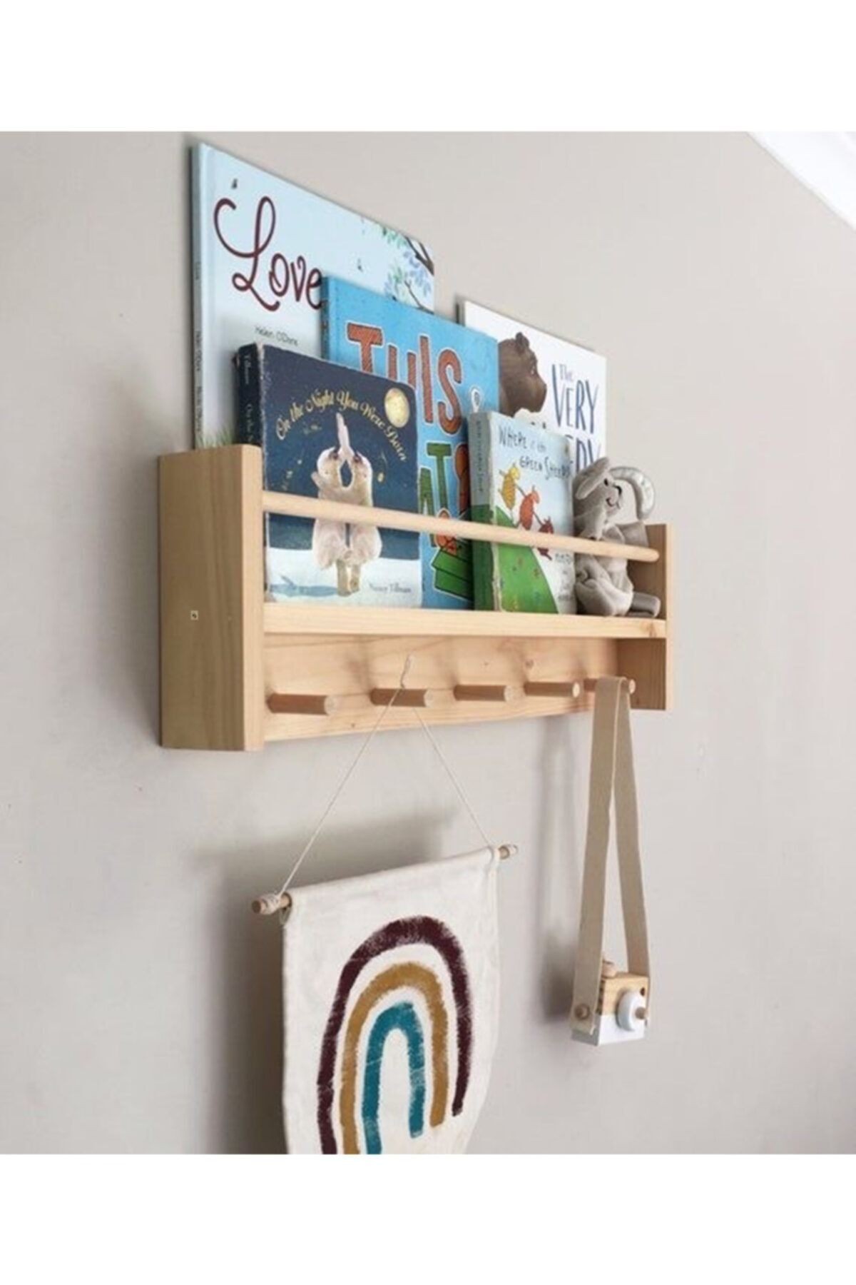 Doğal Ahşap Montessori Kitaplık Çocuk Bebek Odası Askılık Duvar Rafı Yan Uzun