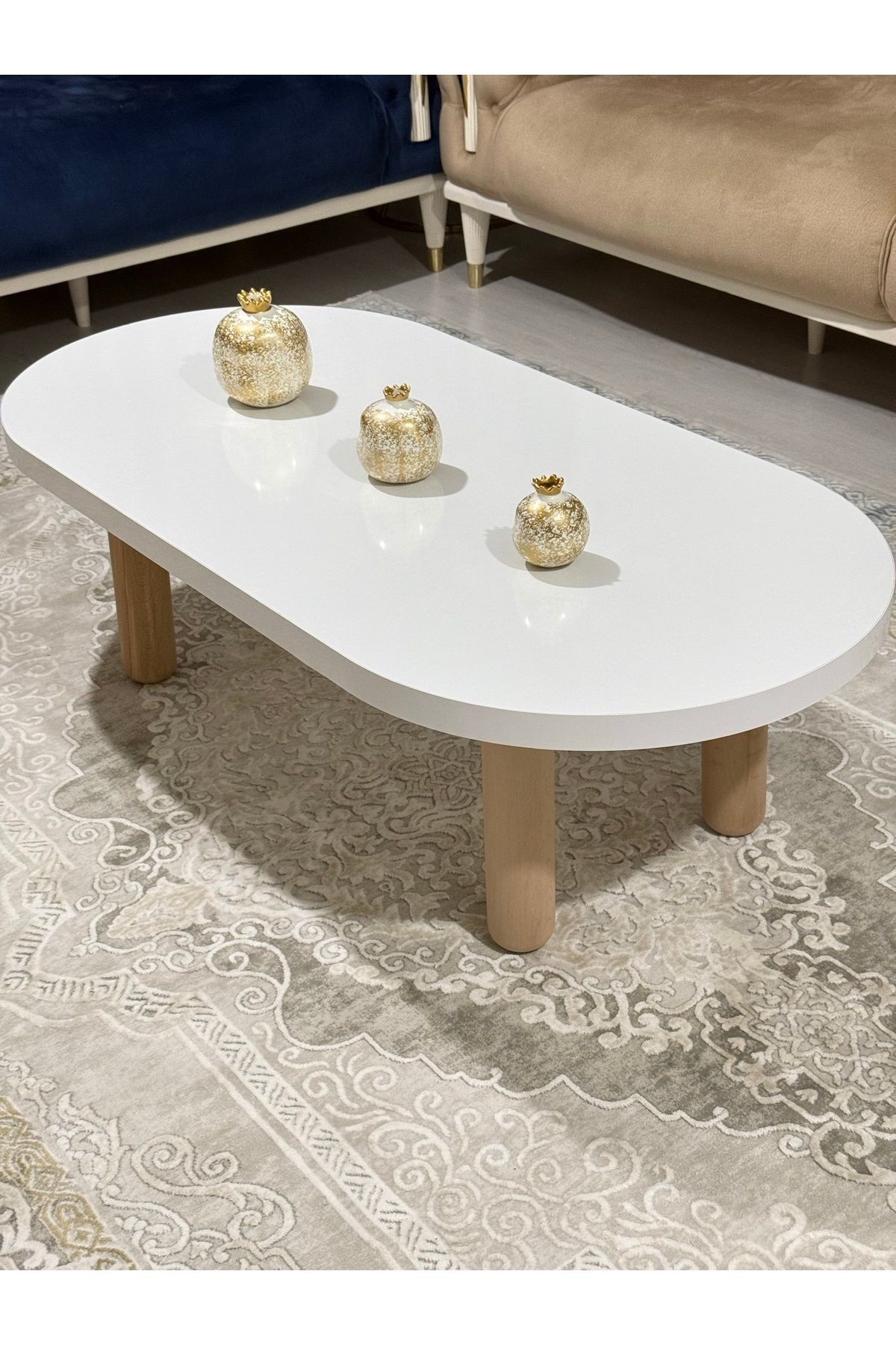 Oval Model 120x60 cm Doğal Ayak Kalın Kenarlı Orta Sehpa Ahşap Ayaklı - beyaz
