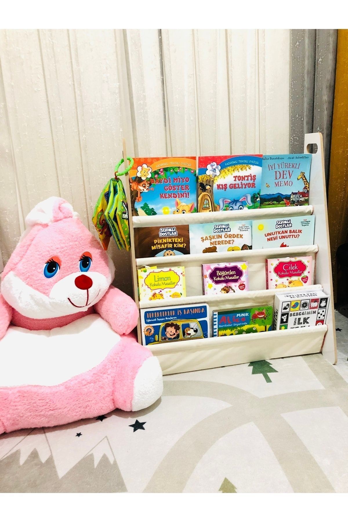 Montessori Çocuk Bebek Odası Taşınabilir Eğitici 4 Raflı Bez Kumaş Kitaplık