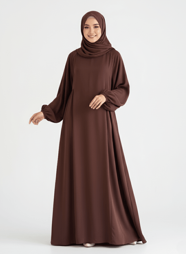 Lina Elbise Göğüs Gizli Fermuar Balon Kol Medine İpeği Kumaş - Acı Kahve