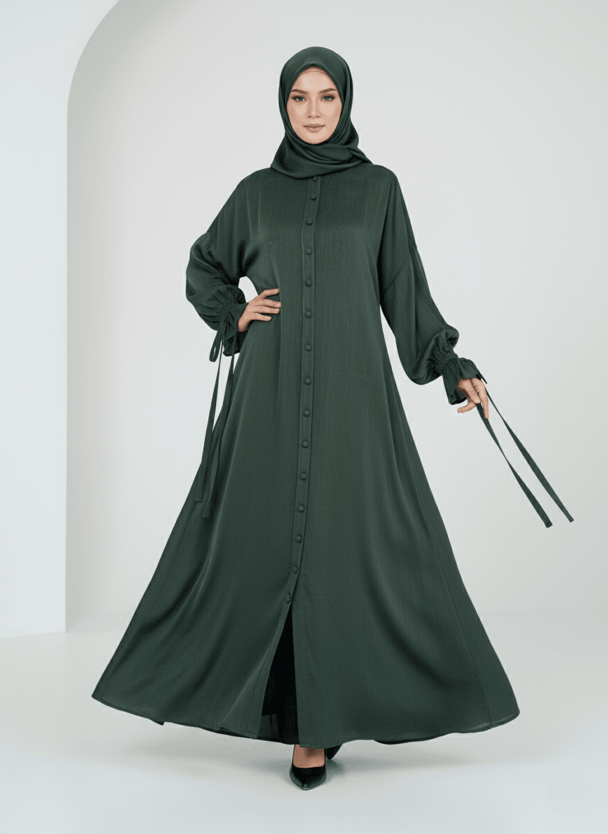 Hüma Düğmeli Ferace Haki yeşil Safir İpli manşet / 50 Beden / 126 Göğüs / 142 Basen / 140 Elbise Boyu