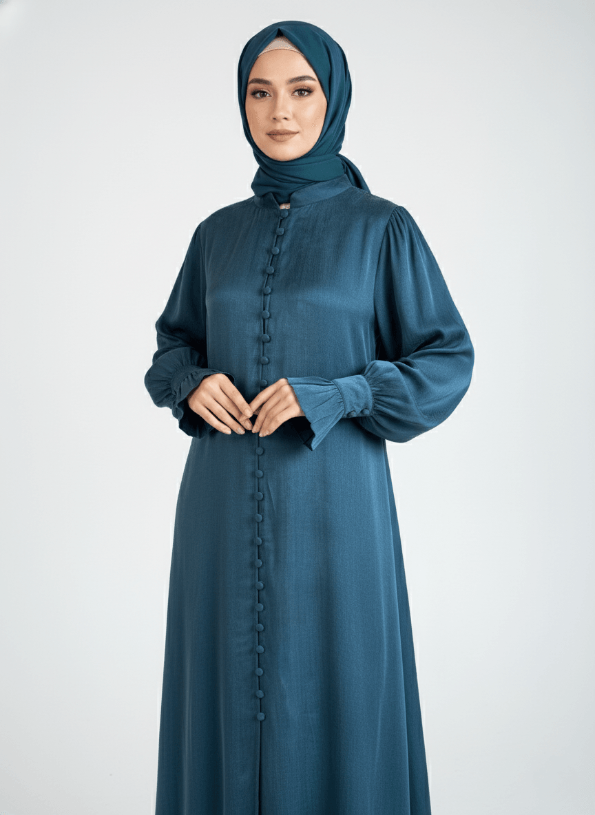 Hüma Elbise Lastik Manşet Dize kadar açılabilir düğme %100 İpek Cupra Kumaş