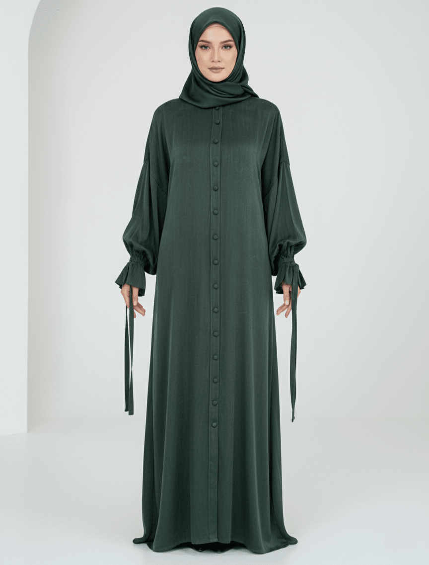 Hüma Düğmeli Ferace %100 İpek Cupra Kumaş