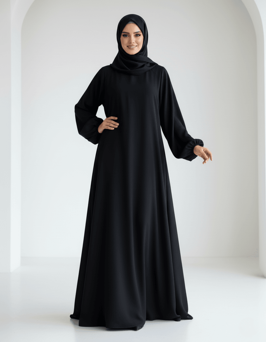 Lina Elbise Göğüs Gizli Fermuar Balon Kol Medine İpeği Kumaş - Siyah