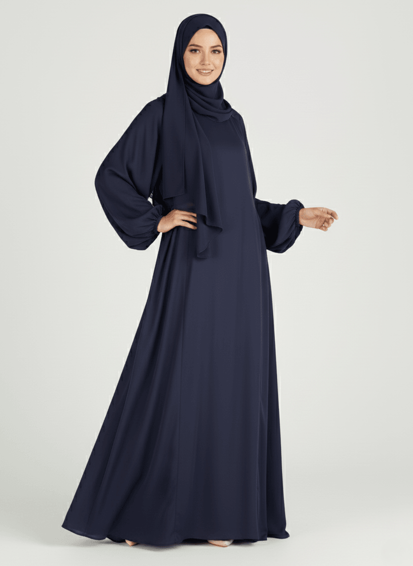 Lina Elbise Göğüs Gizli Fermuar Balon Kol Medine İpeği Kumaş - Lacivert