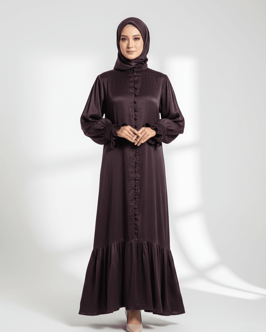 Fırfırlı Hüma Elbise Çiçek yaka fırfırlı etek %100 İpek Cupra Kumaş