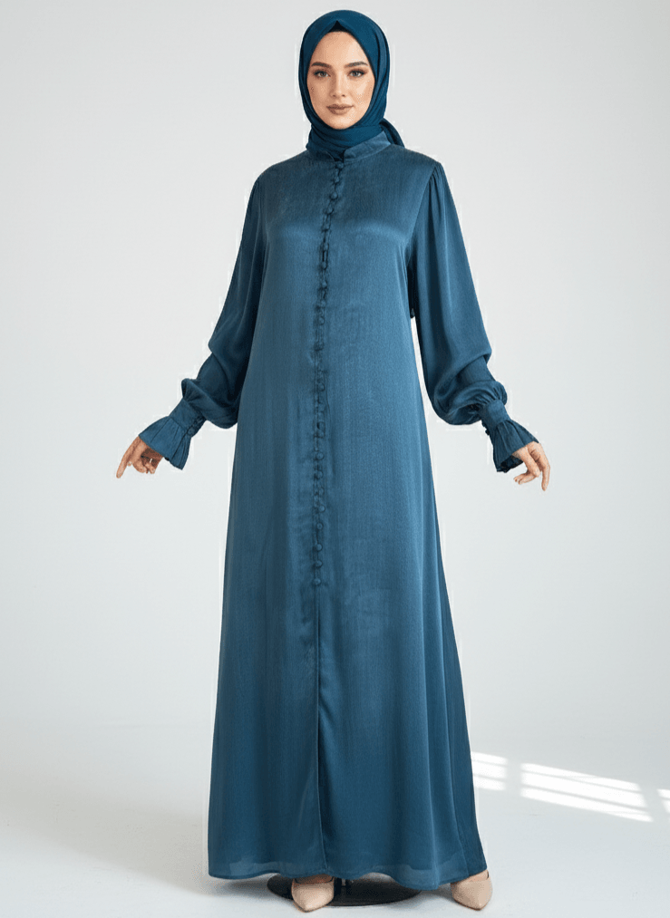 Hüma Elbise Lastik Manşet Dize kadar açılabilir düğme %100 İpek Cupra Kumaş