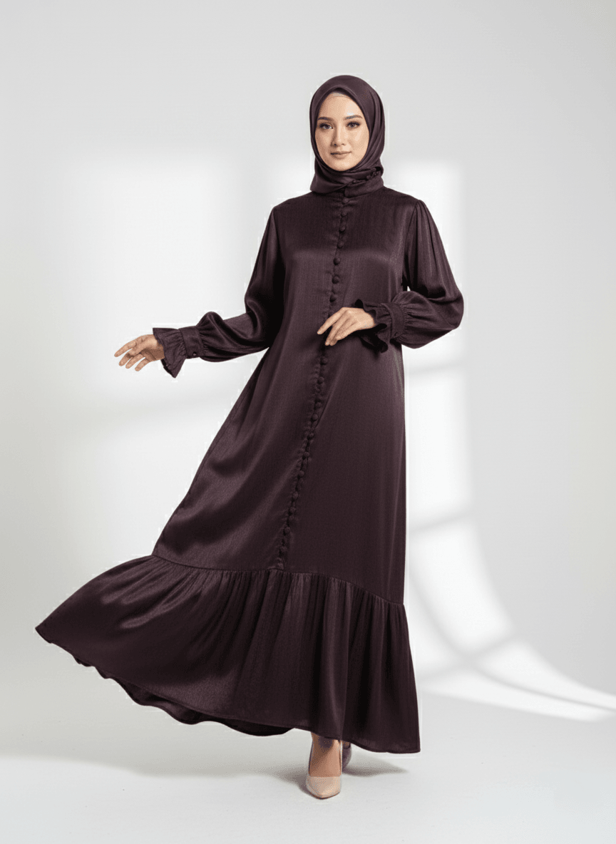 Fırfırlı Hüma Elbise Çiçek yaka fırfırlı etek %100 İpek Cupra Kumaş