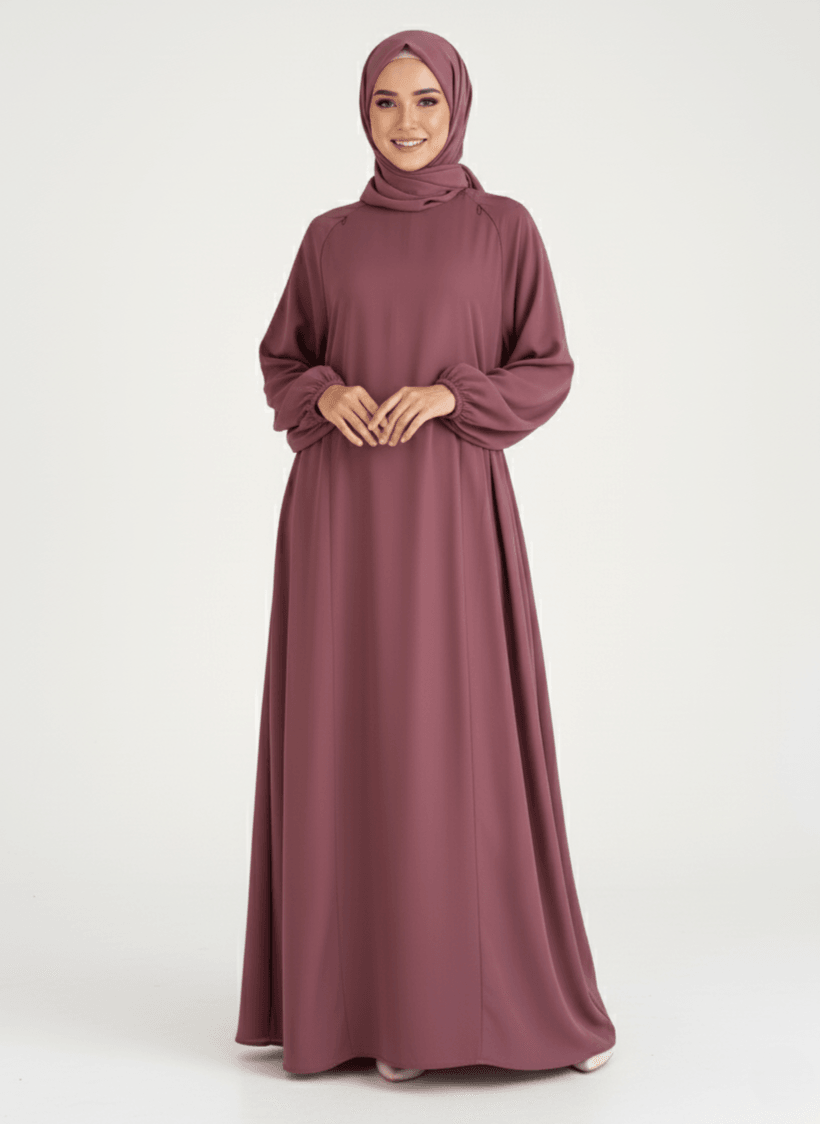 Lina Elbise Göğüs Gizli Fermuar Balon Kol Medine İpeği Kumaş - Gül Kurusu