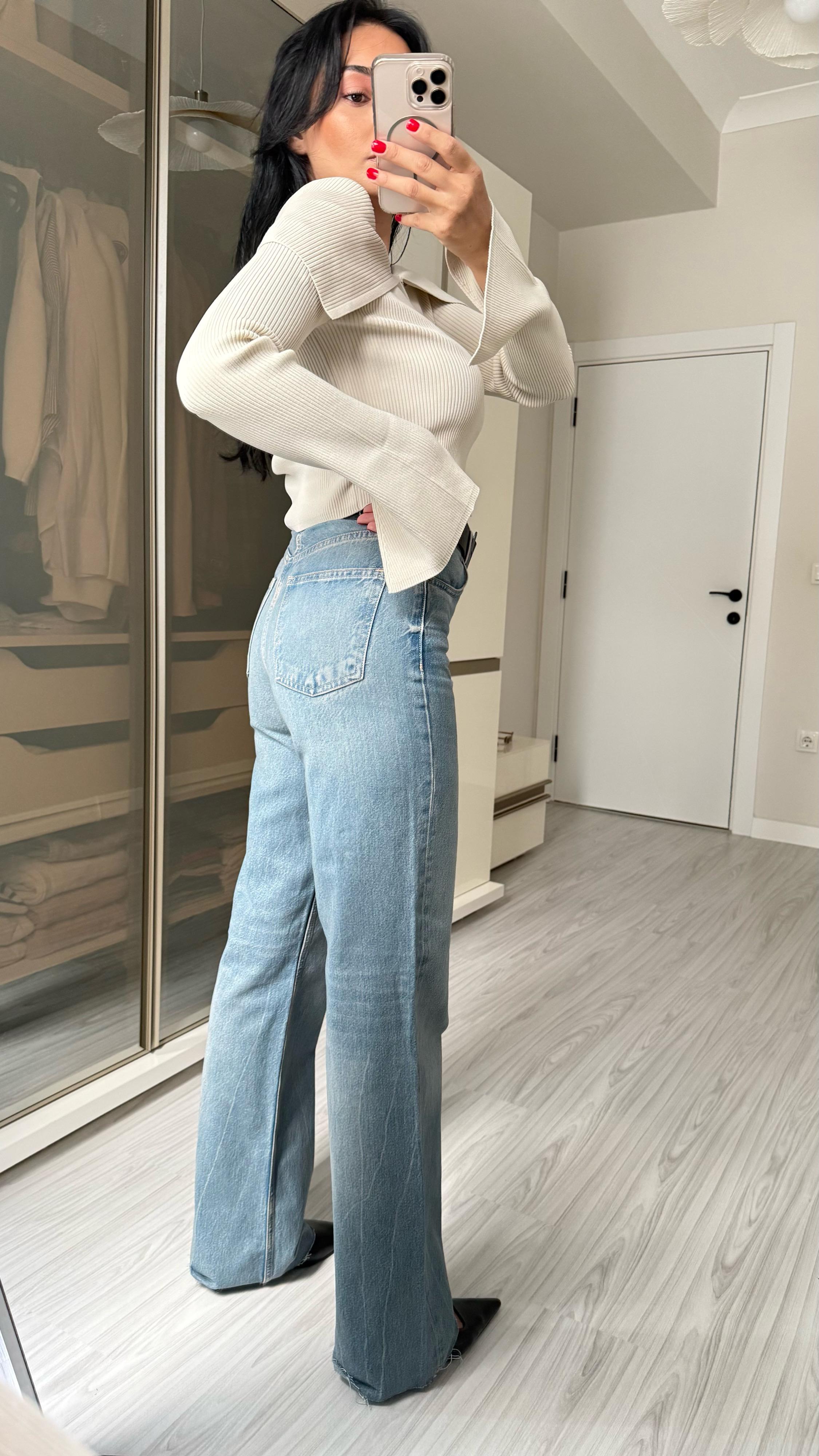 Zra Mavi Tintli Pantolon Paçası Kesik