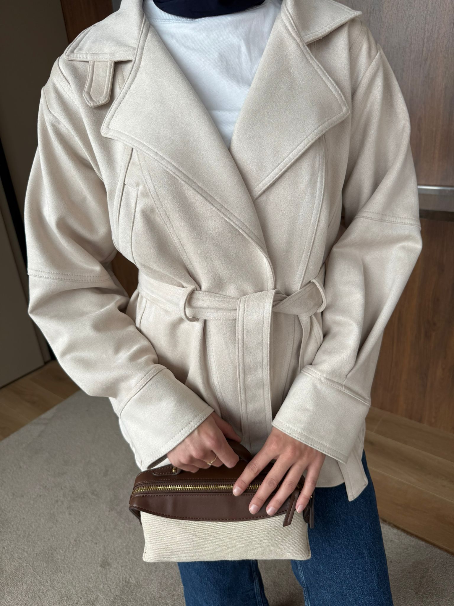 SÜET UZUN TRENÇ  - Taş Renk