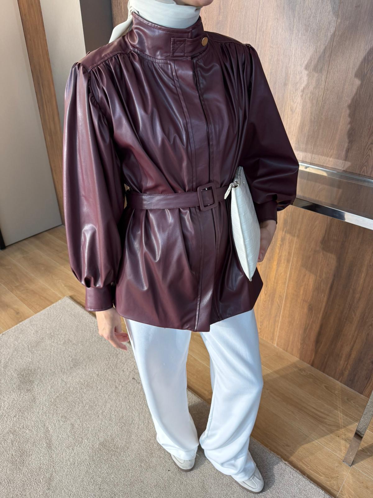 DERİ KEMERLİ CEKET  - Bordo