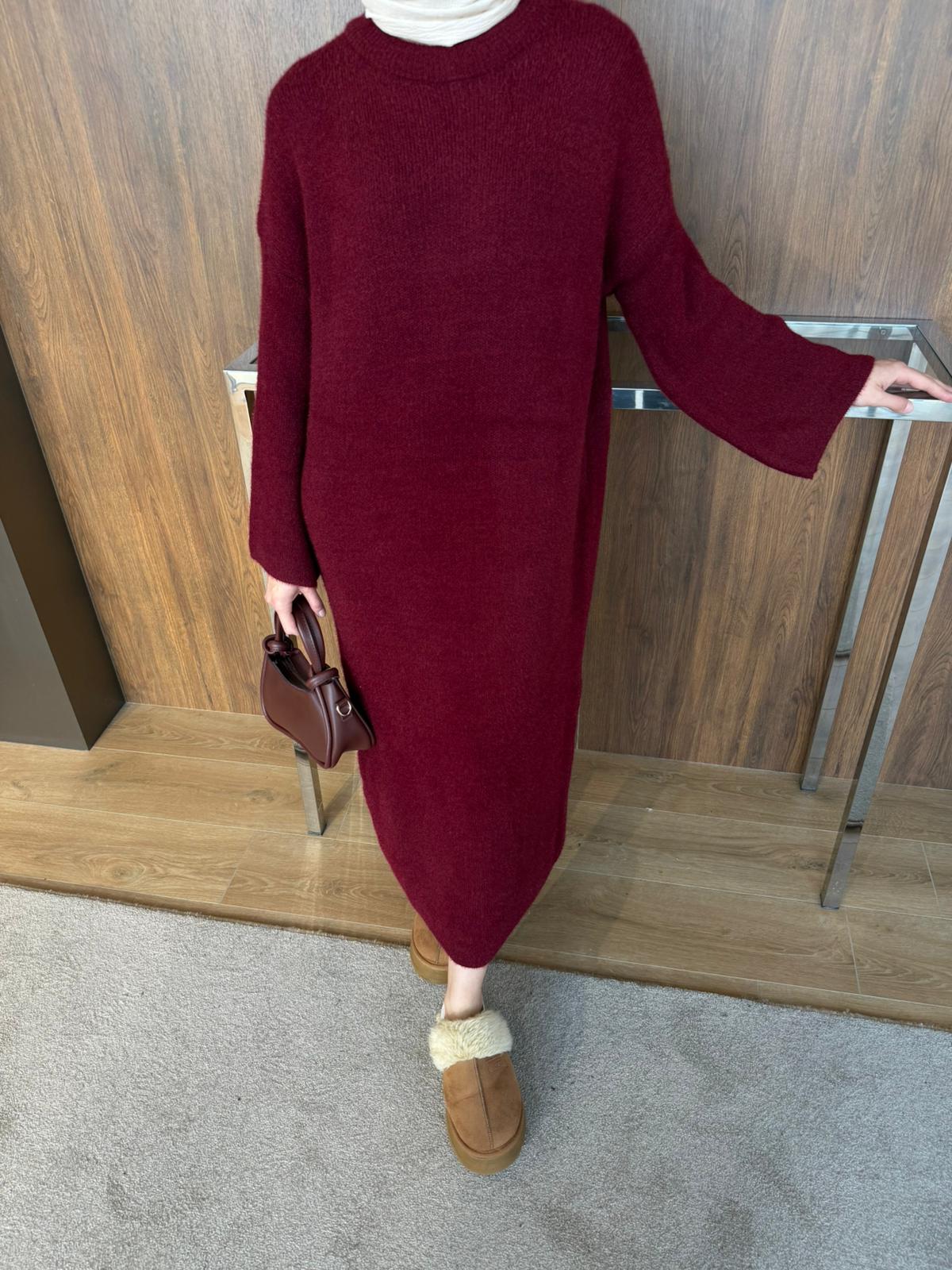 SAKALLI TRİKO ELBİSE  - Bordo