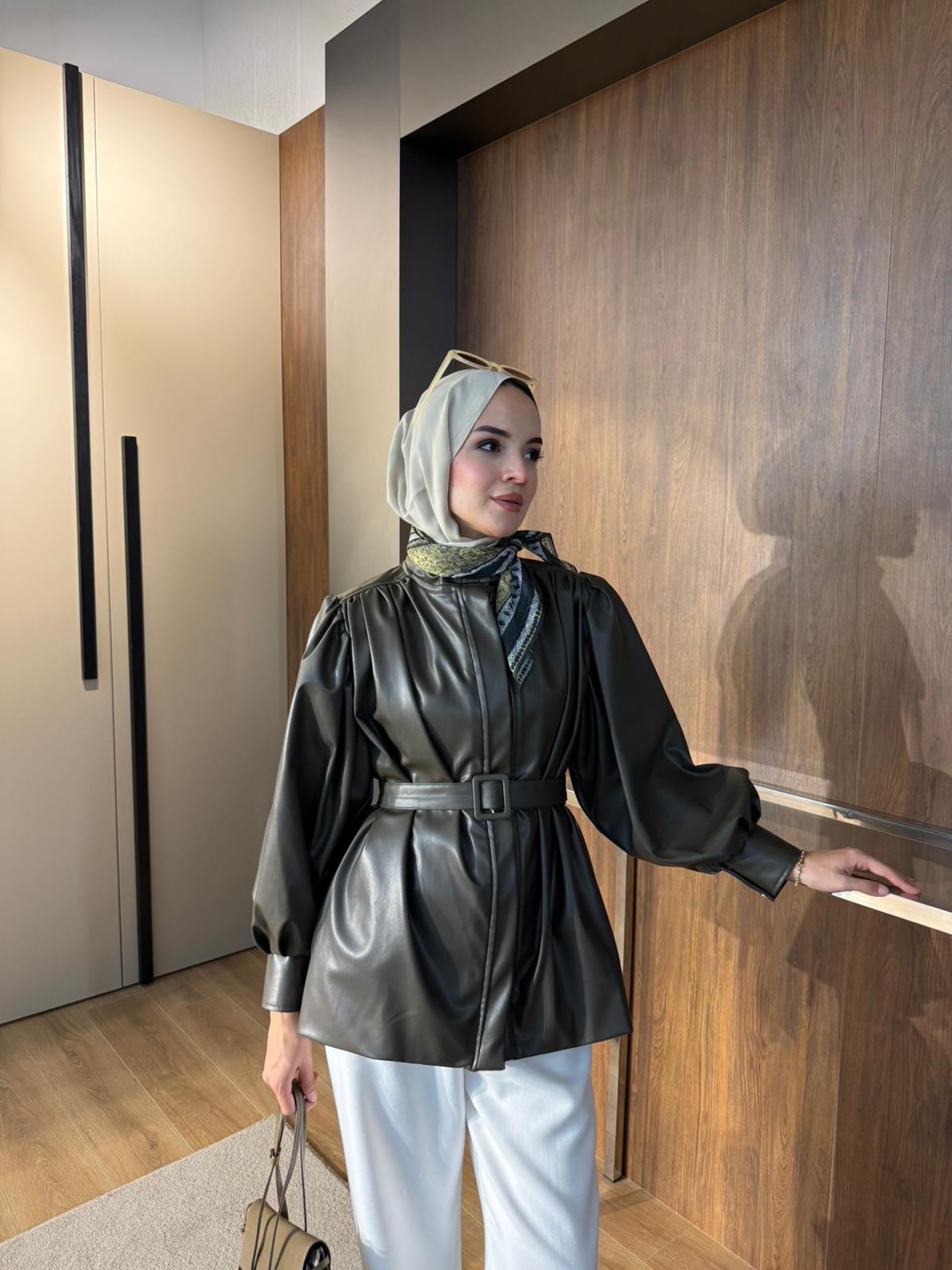 DERİ KEMERLİ CEKET  - Yeşil