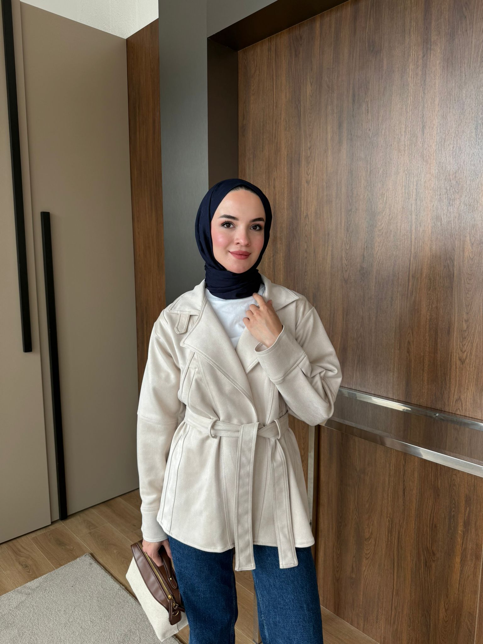 SÜET UZUN TRENÇ  - Taş Renk